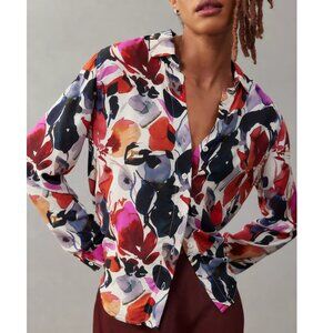 Cloth & Stone Printed Buttondown Shirt Red Motif Watercolor Floral M
